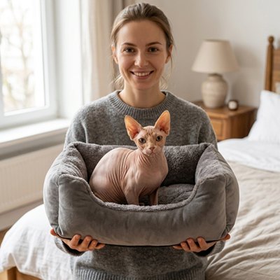 panier chat gris chat assis maitresse lit chambre