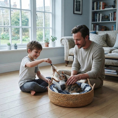 panier chat osier tresse maitre chat jouant