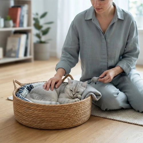 panier chat osier tresse maitresse chat dormant
