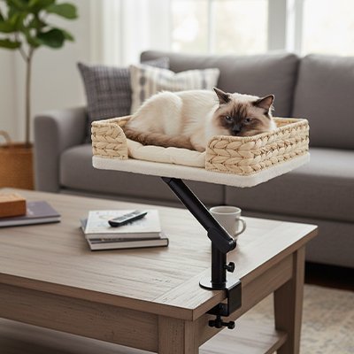 panier chat support rotatif noir chat allonge table canape