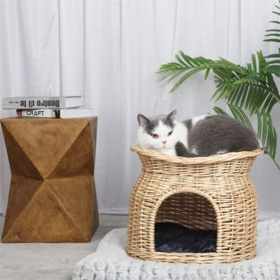 panier en osier pour chat deux niveaux beige