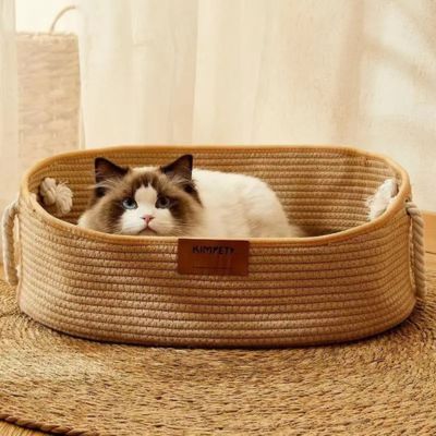 panier osier chat japonais avec chat qui regarde de face