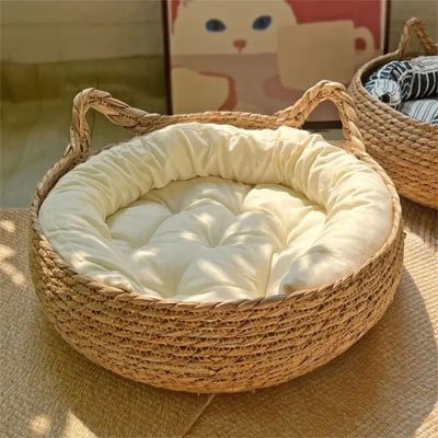 panier osier chat natuel coussin blanc salon