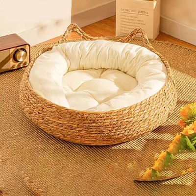 panier osier chat natuel salon coussin blanc