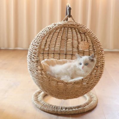 panier osier chat nid semi ferme couleur herbe marine naturelle
