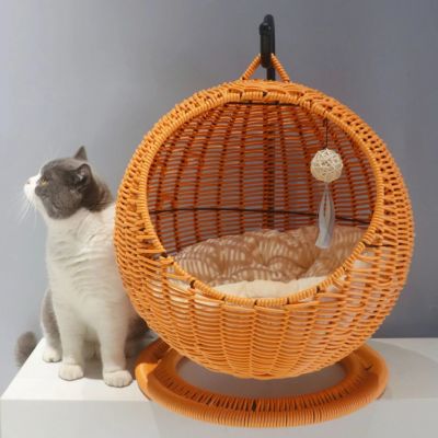panier osier chat nid semi ferme couleur vigne orange avec chat