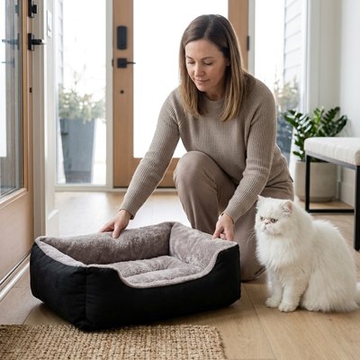 panier pour chat douillet chat assis maitresse