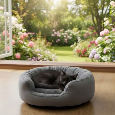 panier pour chat enveloppant gris chat dormant salon
