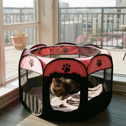 parc pour chat bicolore rose chat allonge