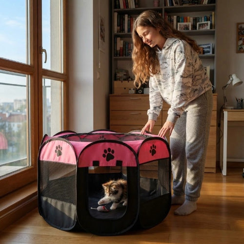parc pour chat bicolore rose maitresse chat