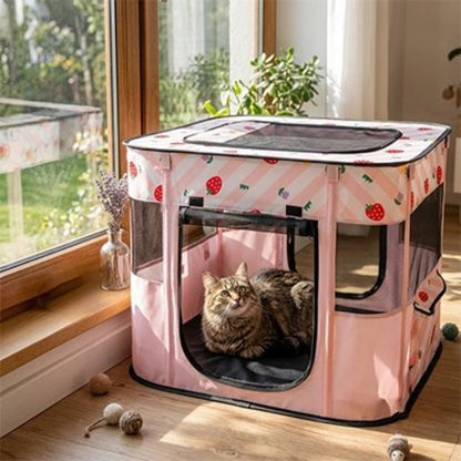 parc pour chat rose avec chat