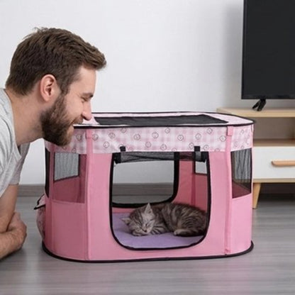 parc pour chat rose maitre chat dormant