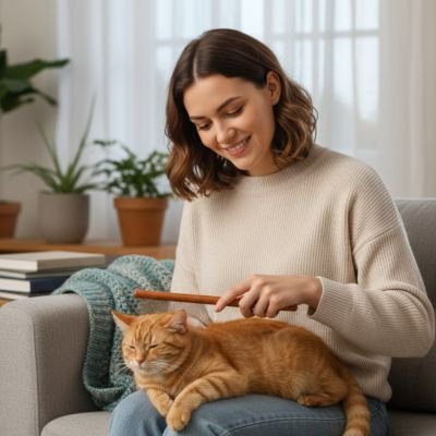 peigne pour chat bois naturel maitresse souriante canape chat