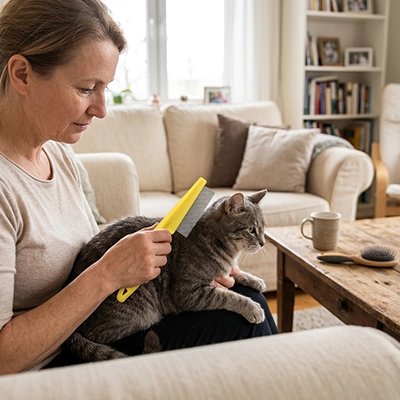 peigne pour chat jaune ergonomique maitresse canape salon