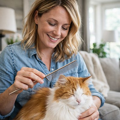 peigne pour chat leger maitresse souriante chat canape