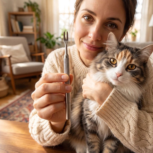 pince à tique efficace maitresse chat assis