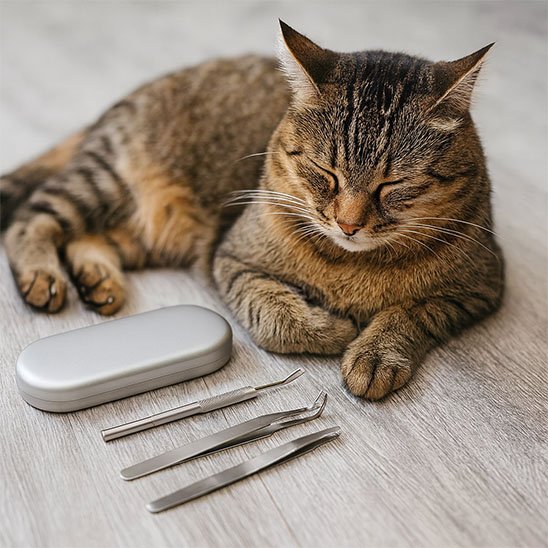 pince à tique professionnelle etui chat assis