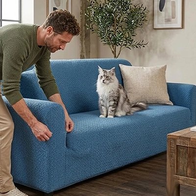 protection canapé chat anti glisse bleu maitre chat assis