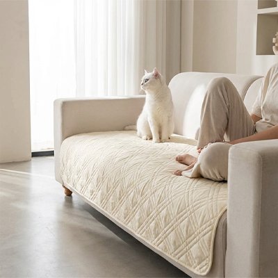 protection canapé chat beige design elegant chat maitresse assis