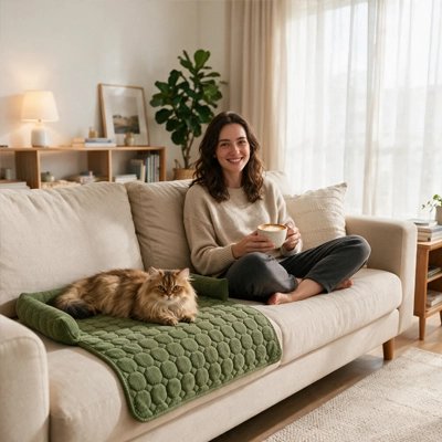 protection canapé chat epaisse vert maitresse chat allonge