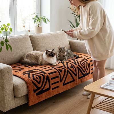protection canapé chat motifs geometriques orange terracotta chats maitresse