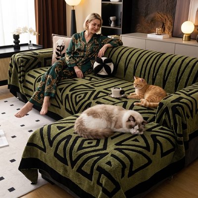 protection canapé chat motifs geometriques vert olive maitresse chats