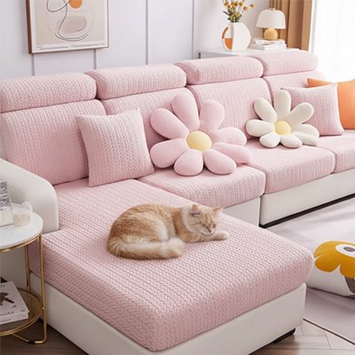 protection canapé chat rose clair en jacquard rayures epaisses
