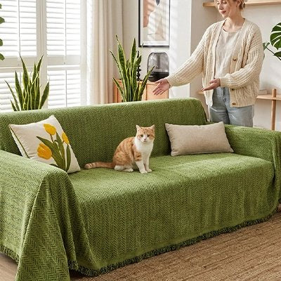 protection canapé chat style boheme vert olive maitresse chat debout