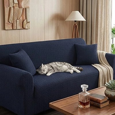 protection canapé chat tissu jacquard bleu marine chat allonge