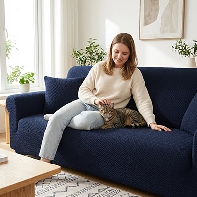  protection canapé chat tissu jacquard bleu marine maitresse chat