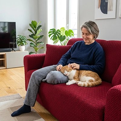 protection canapé chat tissu jacquard rouge maitresse chat salon
