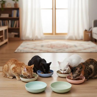 quatre chats mangeant dans gamelles chat colorees dans salon