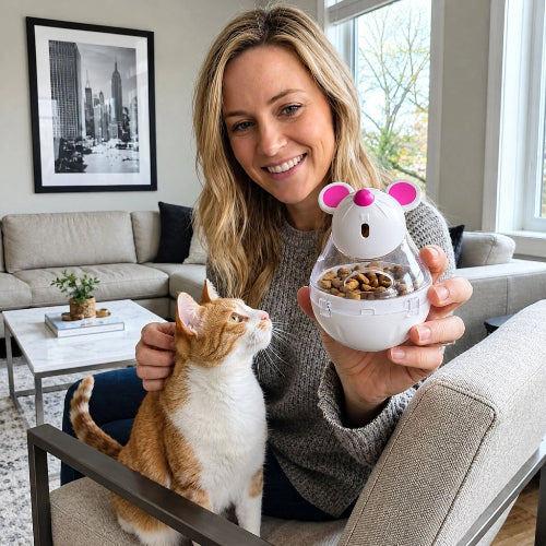 souris jeu chat distributeur de croquettes maitresse avec chat