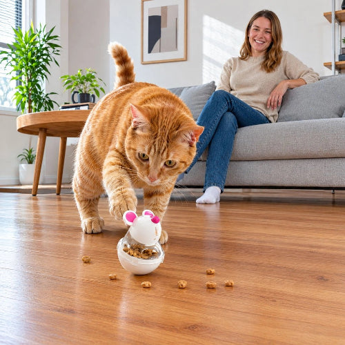 souris jeu chat distributeur de croquettes maitresse chat jouant
