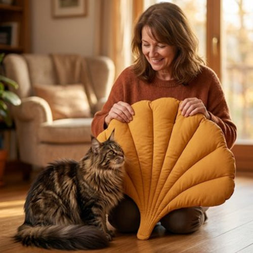tapis chat design feuille automne chat assis maitresse