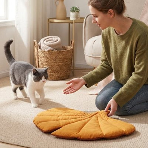 tapis chat design feuille automne maitresse chat debout salon