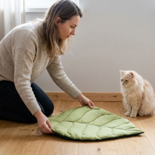 tapis chat design feuille verte maitresse chat assis
