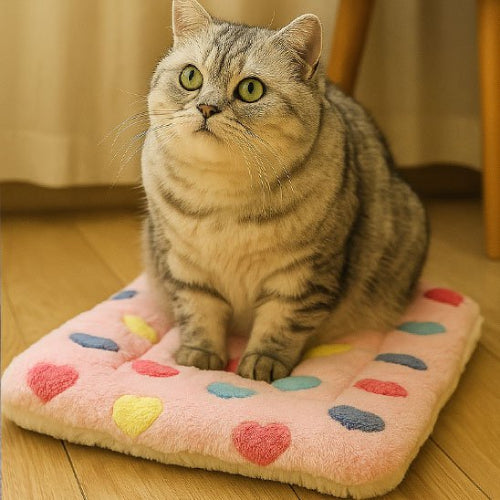 tapis chat moelleux coeurs multicolore chat assis