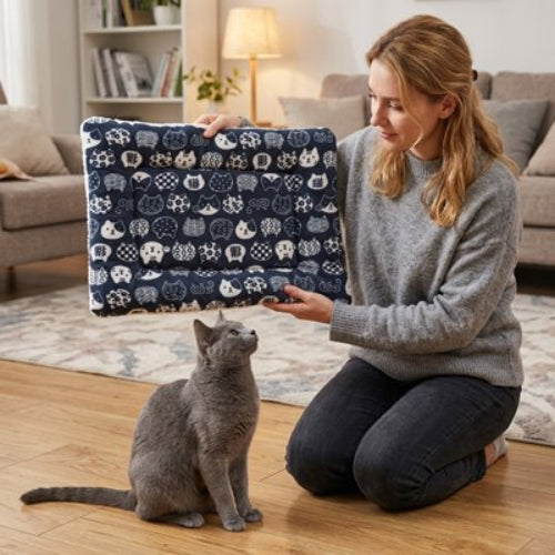 tapis chat motifs felins maitresse chat assis salon
