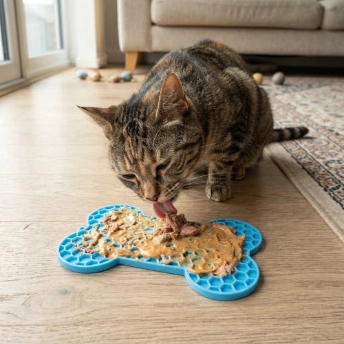 tapis de lechage bleu chat lechant salon