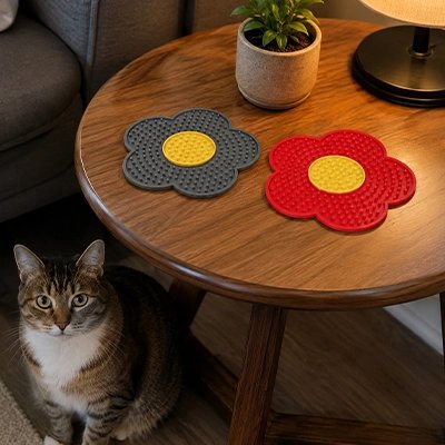 tapis de lechage florale gris rouge avec chat