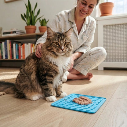 tapis de lechage motifs relief bleu maitresse chat assis