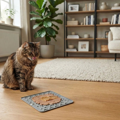 tapis de lechage motifs relief gris chat assis