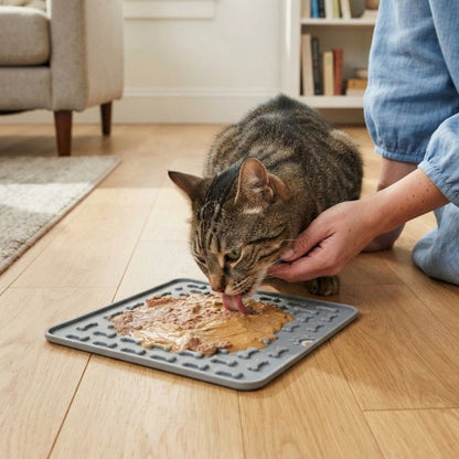 tapis de lechage motifs relief gris chat lechant