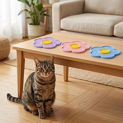 tapis de lechage petales bleu rose violet avec chat