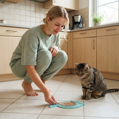 tapis de lechage poisson bleu maitresse chat cuisine