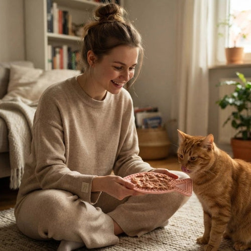 tapis de lechage poisson rose maitresse avec chat