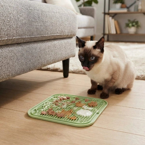 tapis de lechage souple vert chat assis salon