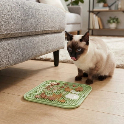 tapis de lechage souple vert chat assis salon