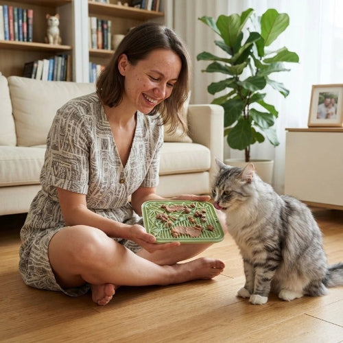 tapis de lechage souple vert maitresse chat assis
